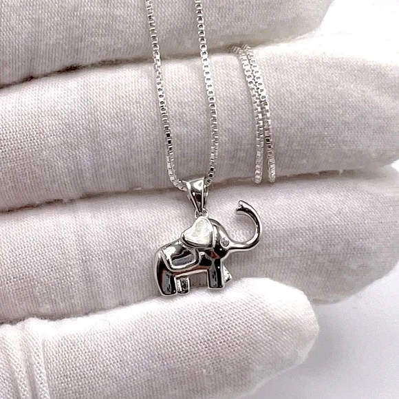 .925 Sterling Silver Elephant Necklace with Lab Opal Heart Ear
